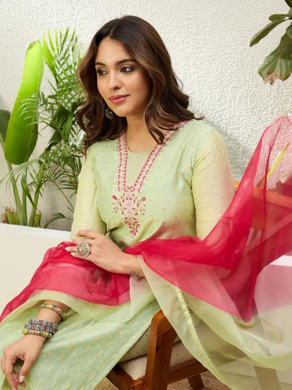 VP 9874 P Embroidered Yoke Design Straight Kurta Pant Set with Ombre Dupatta